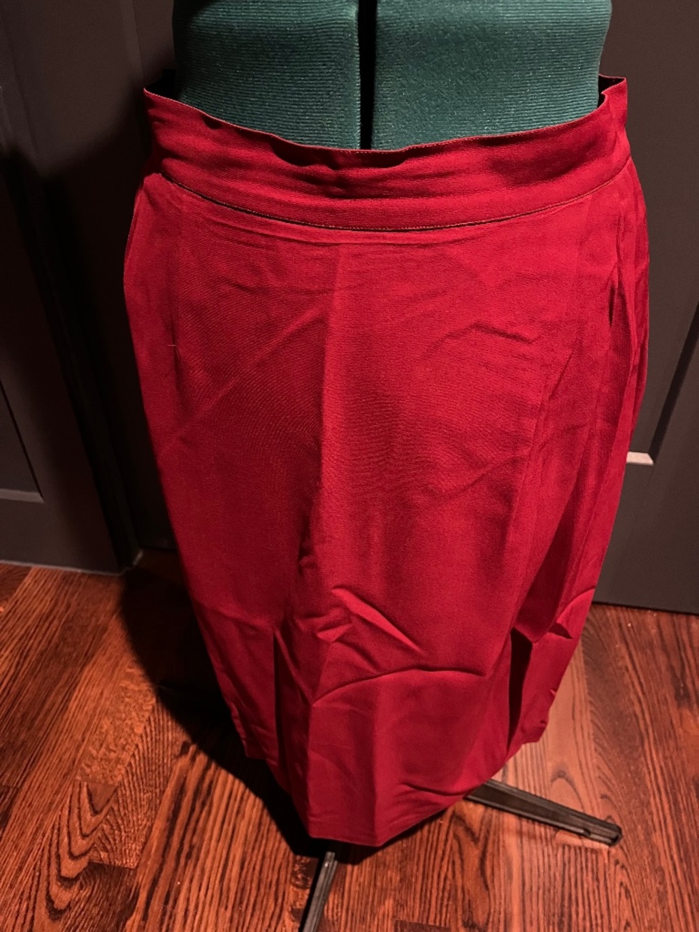 Handmade Vintage Red Crepe Midi Skirt Side Zip Pleated High Waist A-Line